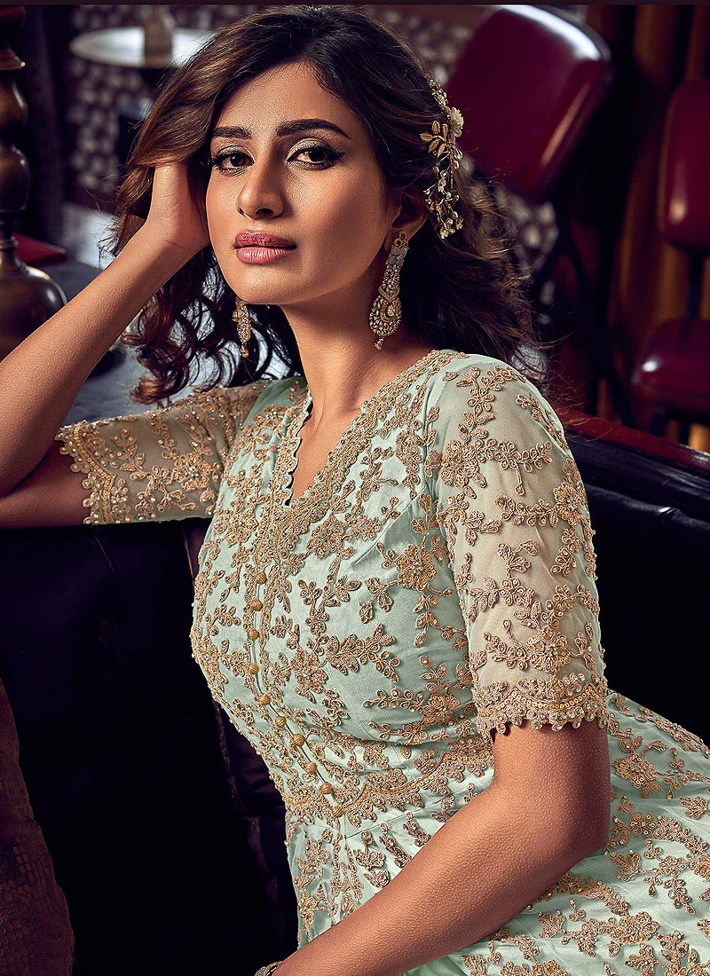 Sea Green Embroidered Party Wear Sharara Suit - Image 2