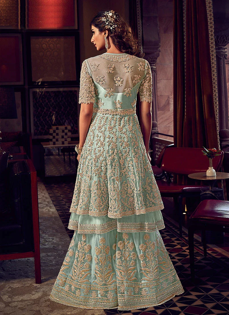 Sea Green Embroidered Party Wear Sharara Suit - Image 3