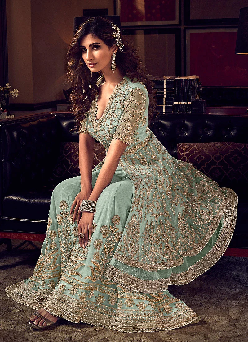 Sea Green Embroidered Party Wear Sharara Suit - Image 4