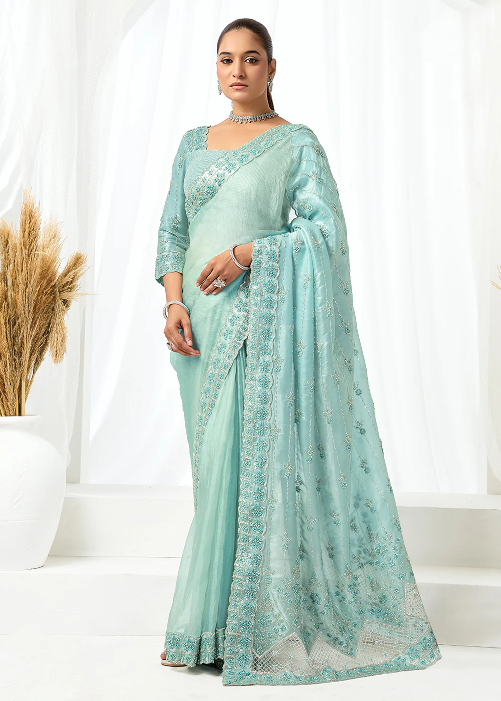 Sea Green Embroidered Wedding Party Wear Saree