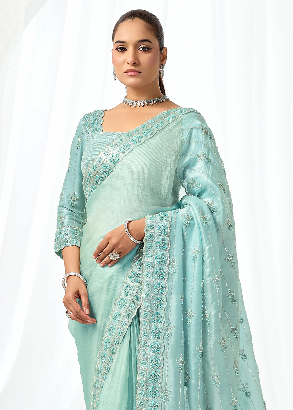 Sea Green Embroidered Wedding Party Wear Saree - Image 2