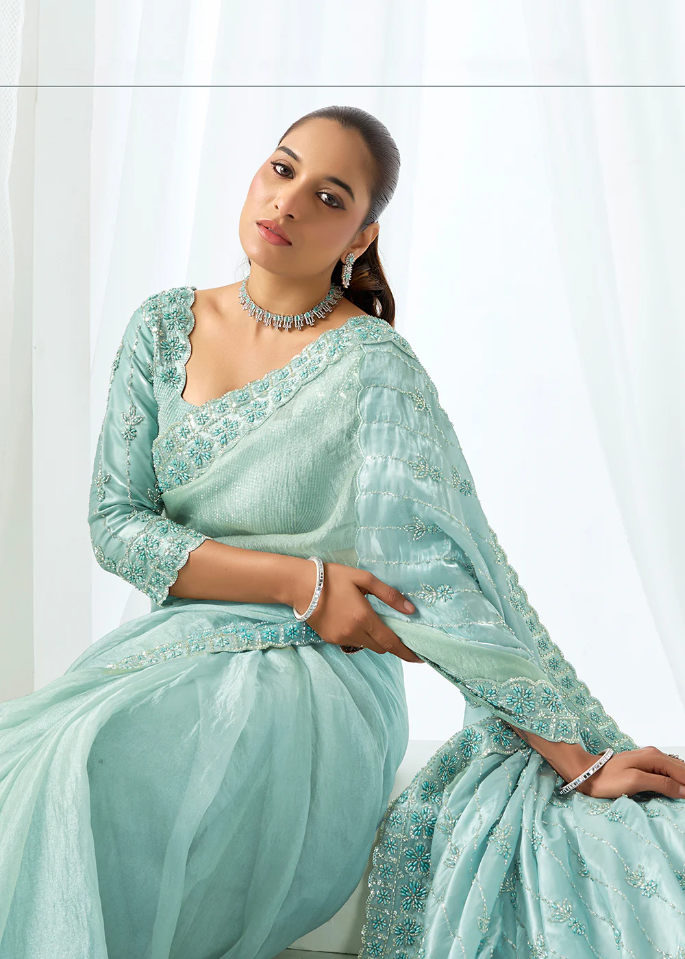 Sea Green Embroidered Wedding Party Wear Saree - Image 3