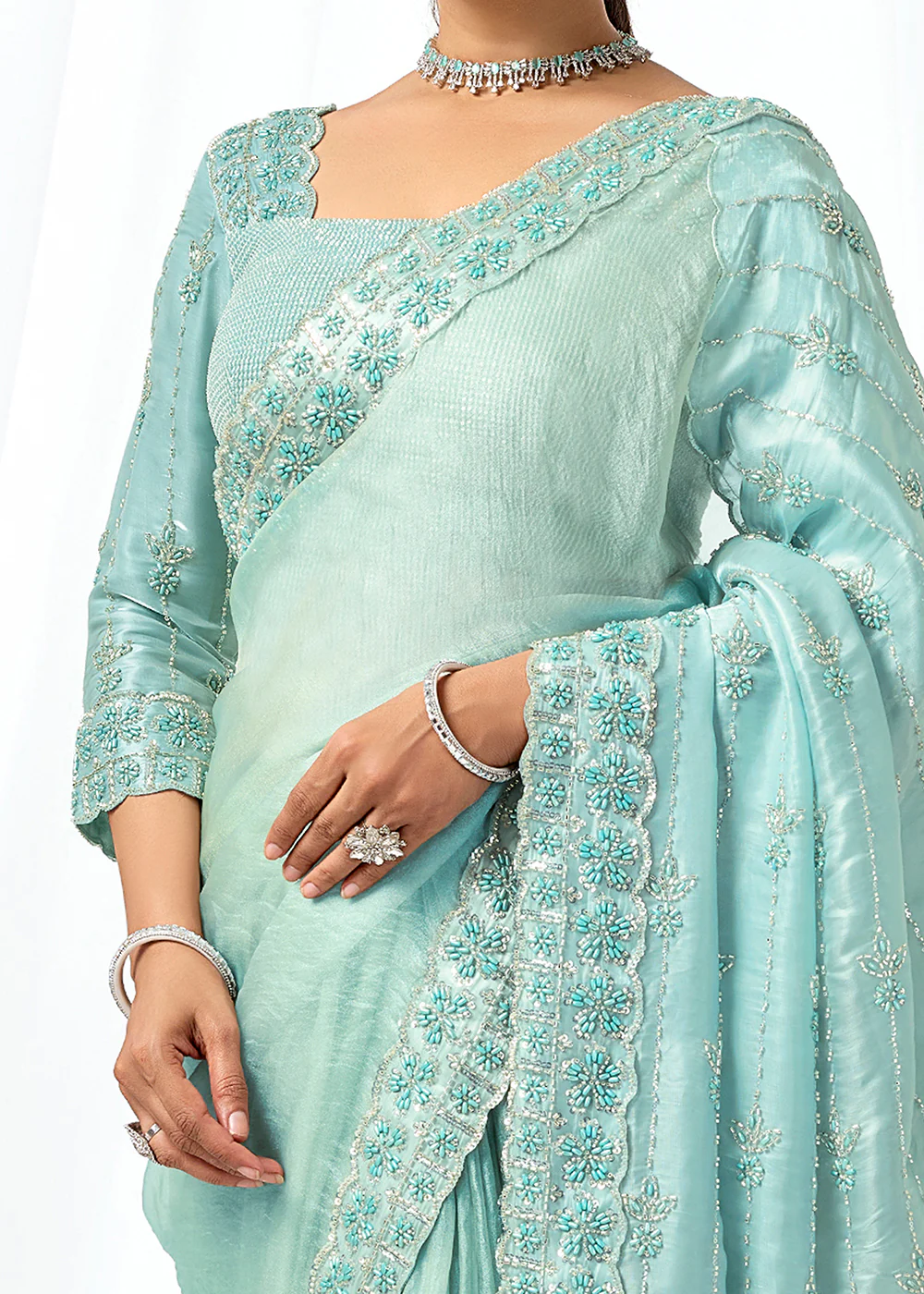 Sea Green Embroidered Wedding Party Wear Saree - Image 5