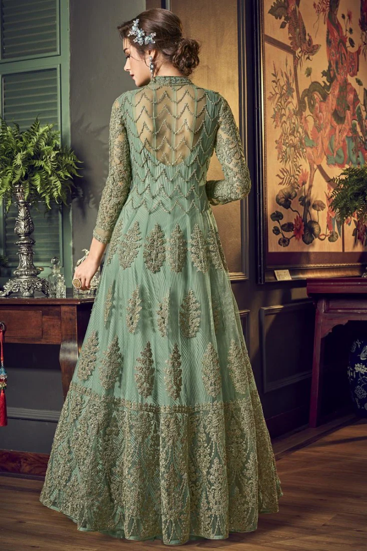 Sea Green Fancy Embroidered Anakarli Suit - Image 2