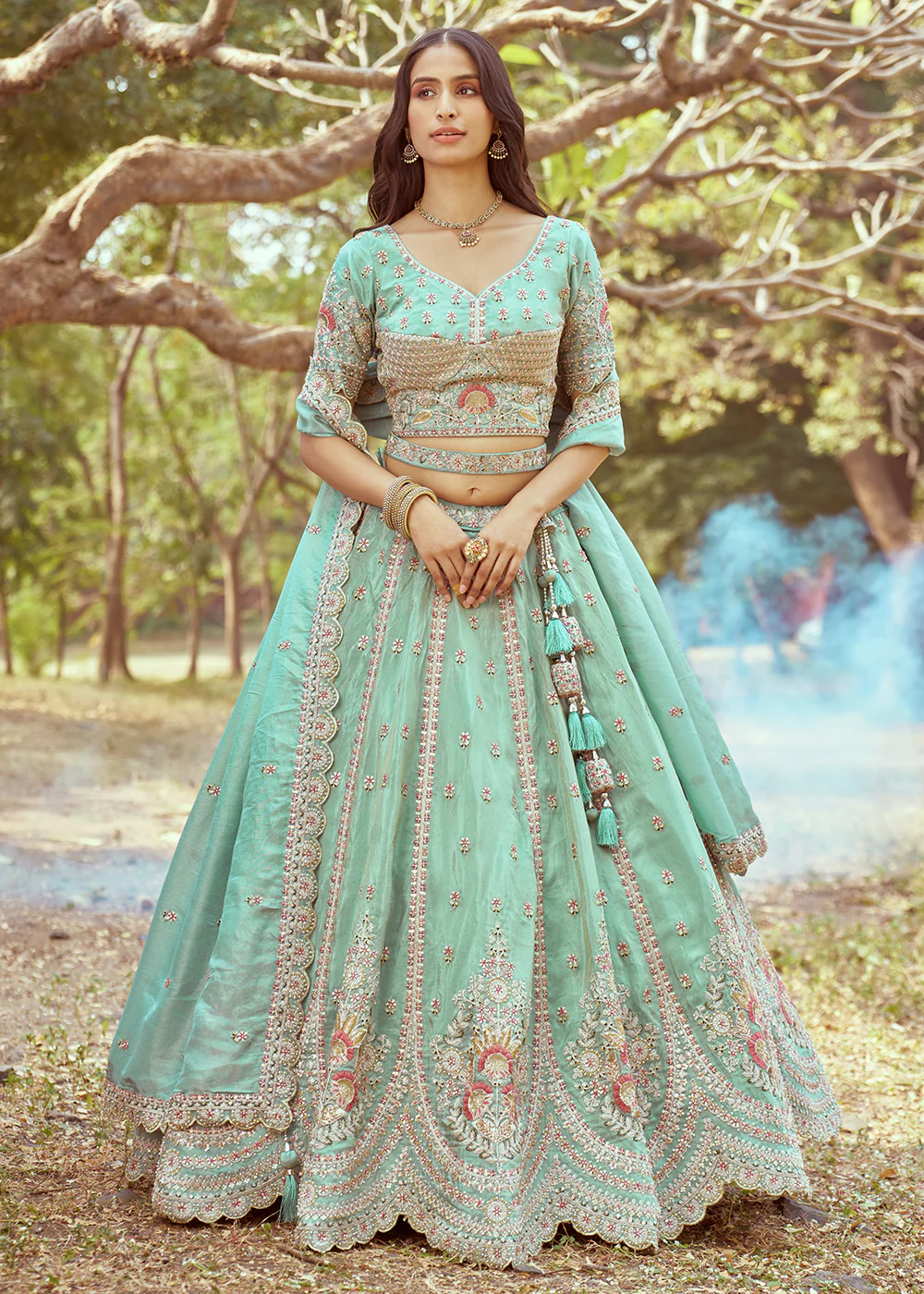 Sea Green Gold Crushed Tissue Designer Lehenga Choli