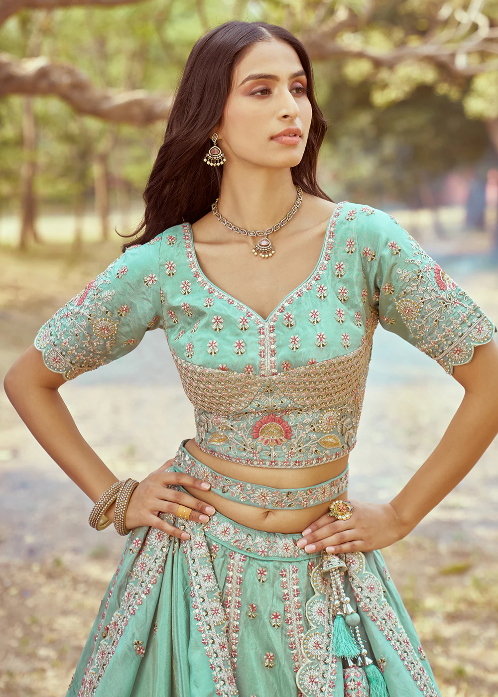 Sea Green Gold Crushed Tissue Designer Lehenga Choli - Image 2