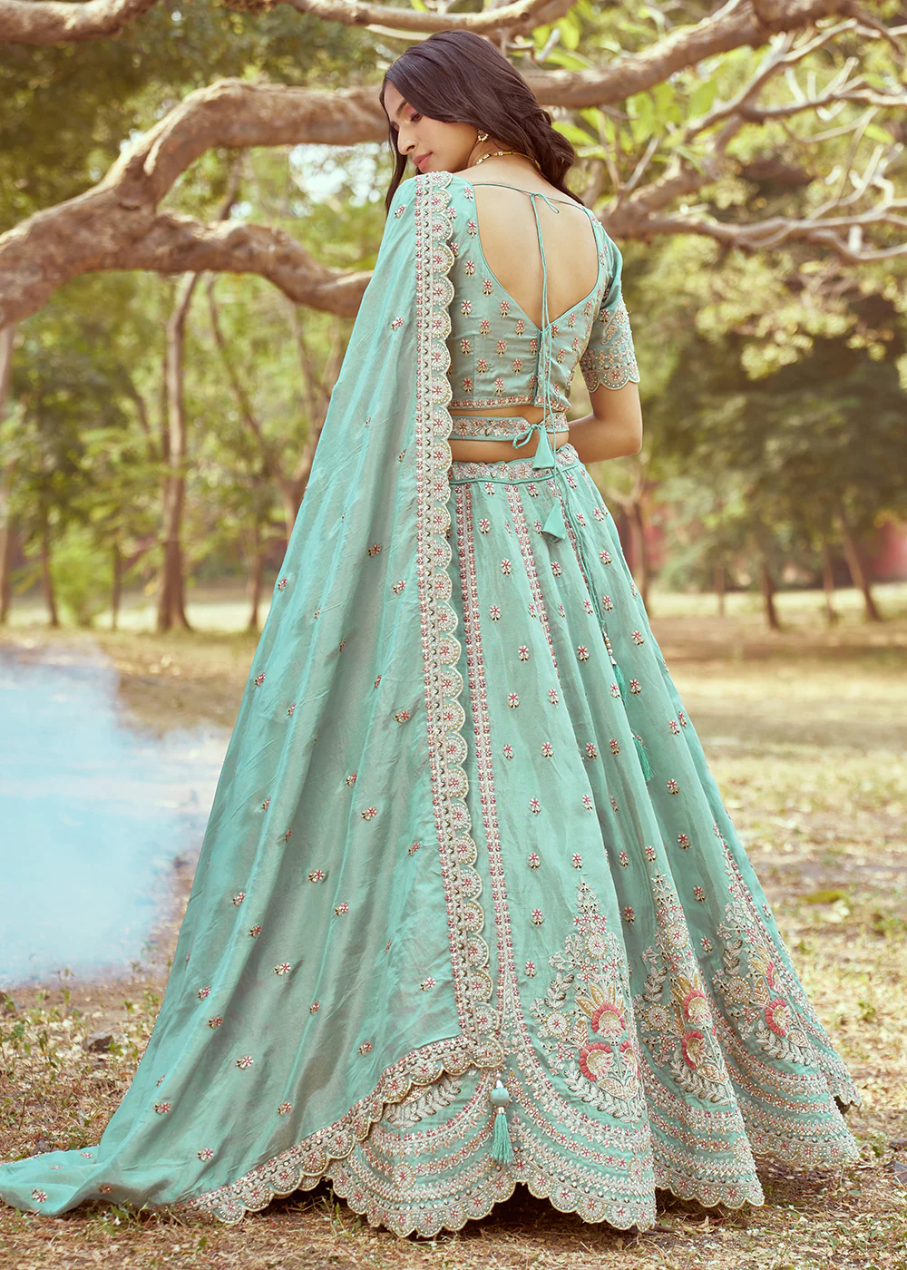 Sea Green Gold Crushed Tissue Designer Lehenga Choli - Image 3