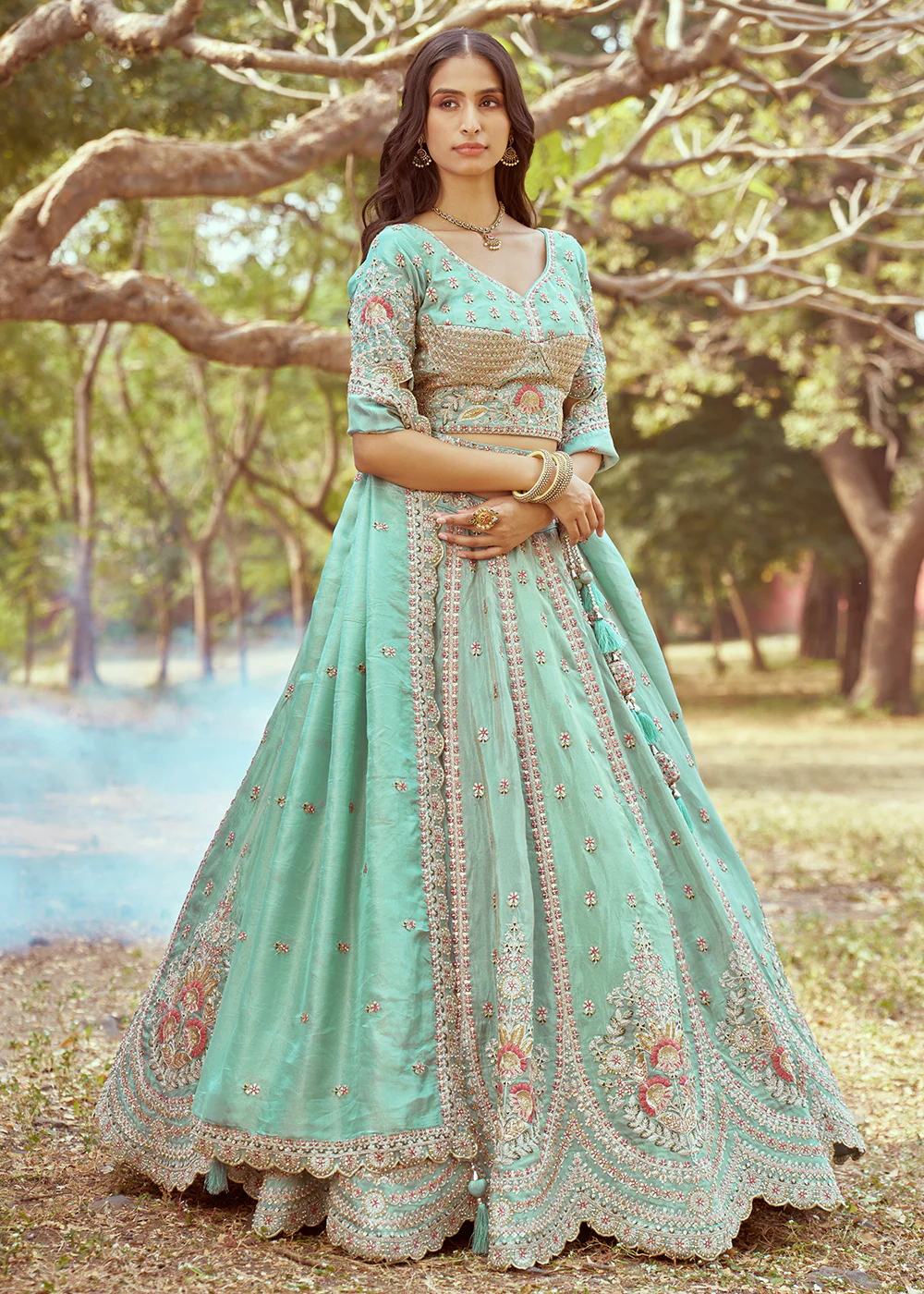 Sea Green Gold Crushed Tissue Designer Lehenga Choli - Image 4