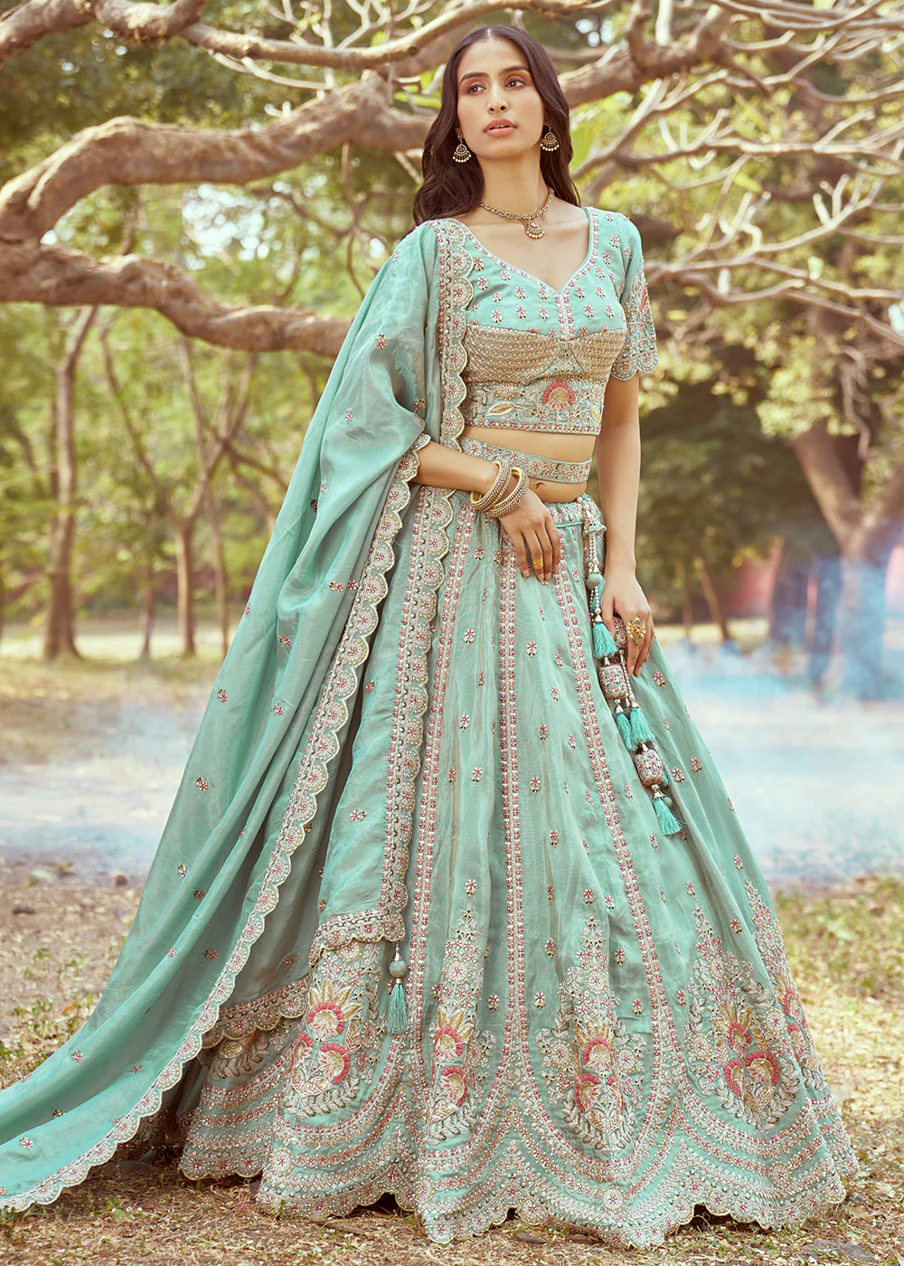 Sea Green Gold Crushed Tissue Designer Lehenga Choli - Image 5
