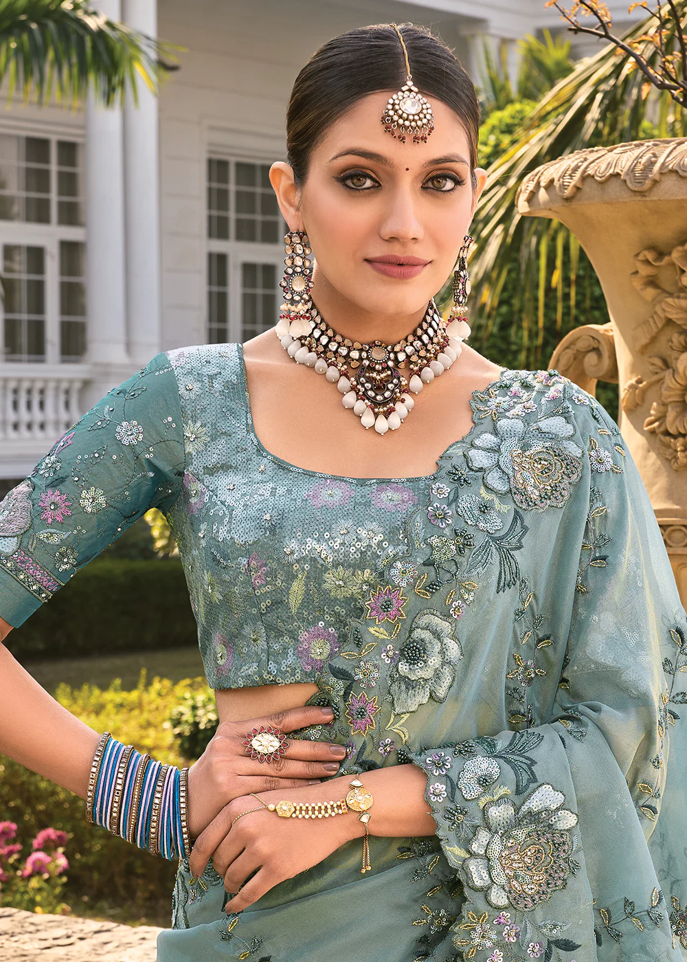 Sea Green Heavy Embroidered Wedding Designer Saree - Image 2