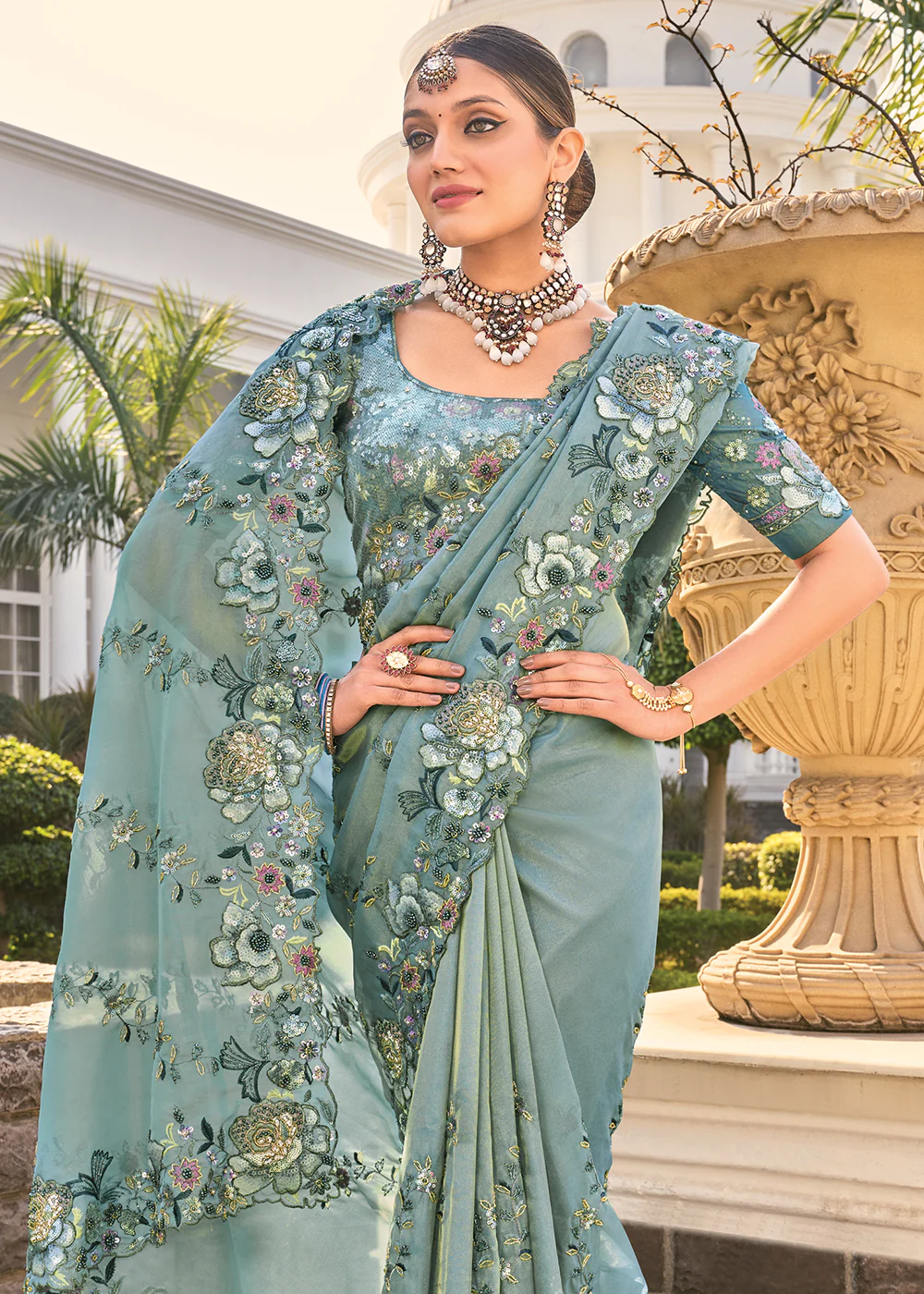 Sea Green Heavy Embroidered Wedding Designer Saree - Image 3