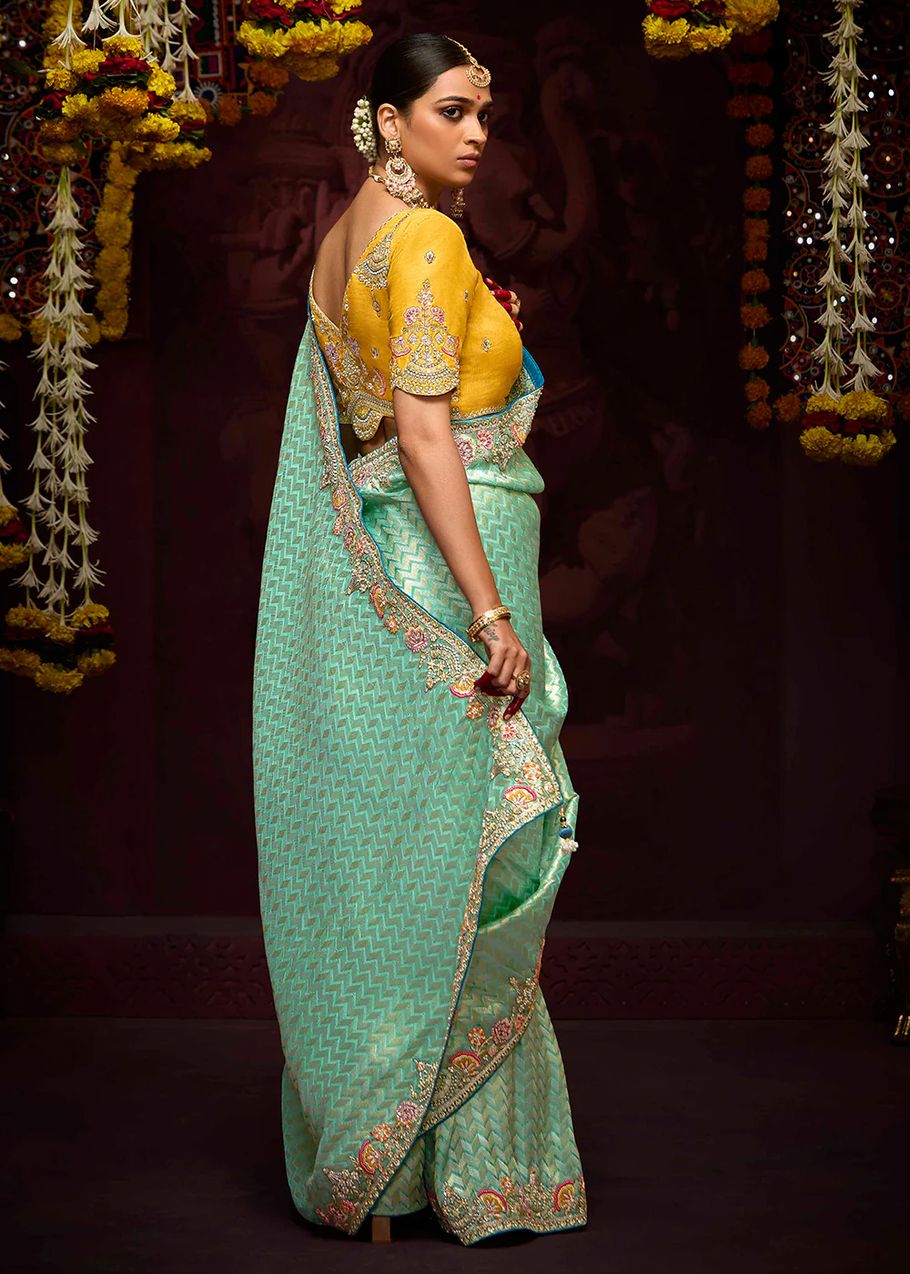 Sea Green Kanjivaram Silk Embroidered Designer Saree - Image 5