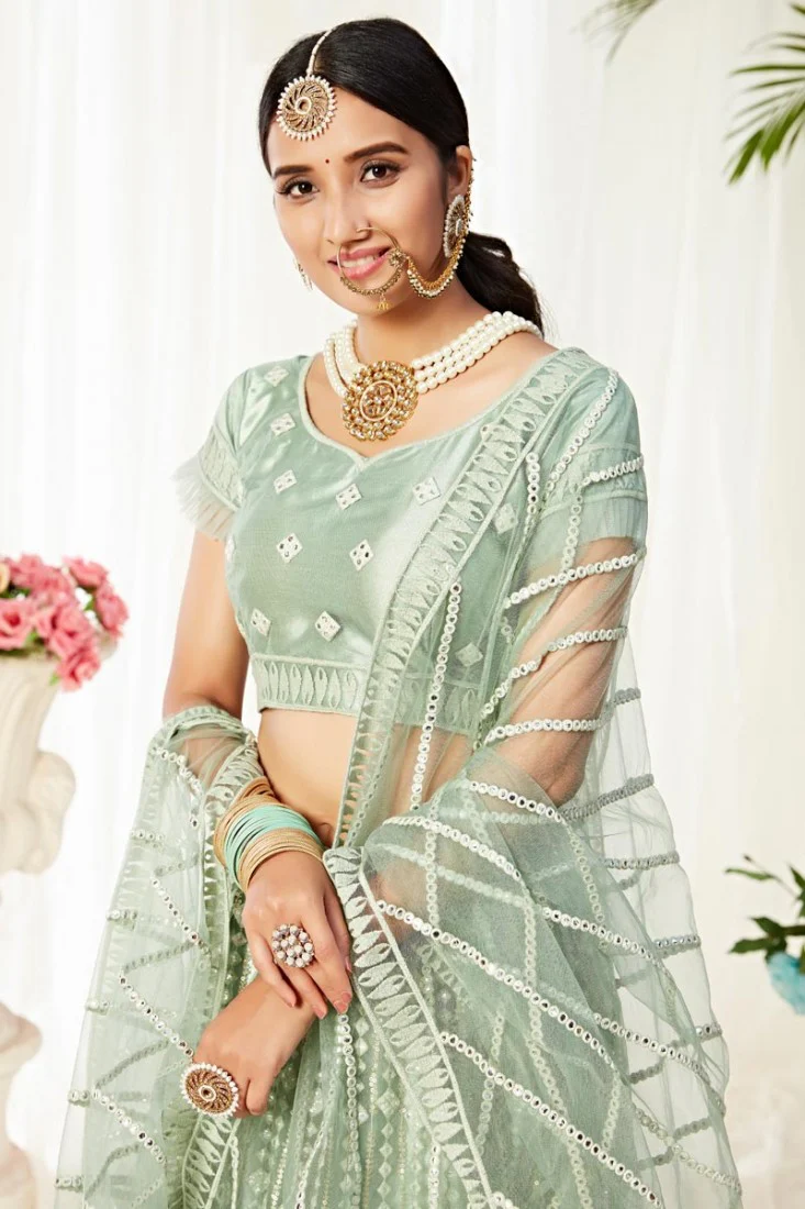 Sea Green Thread Embroidered A-Line Lehenga Choli - Image 2