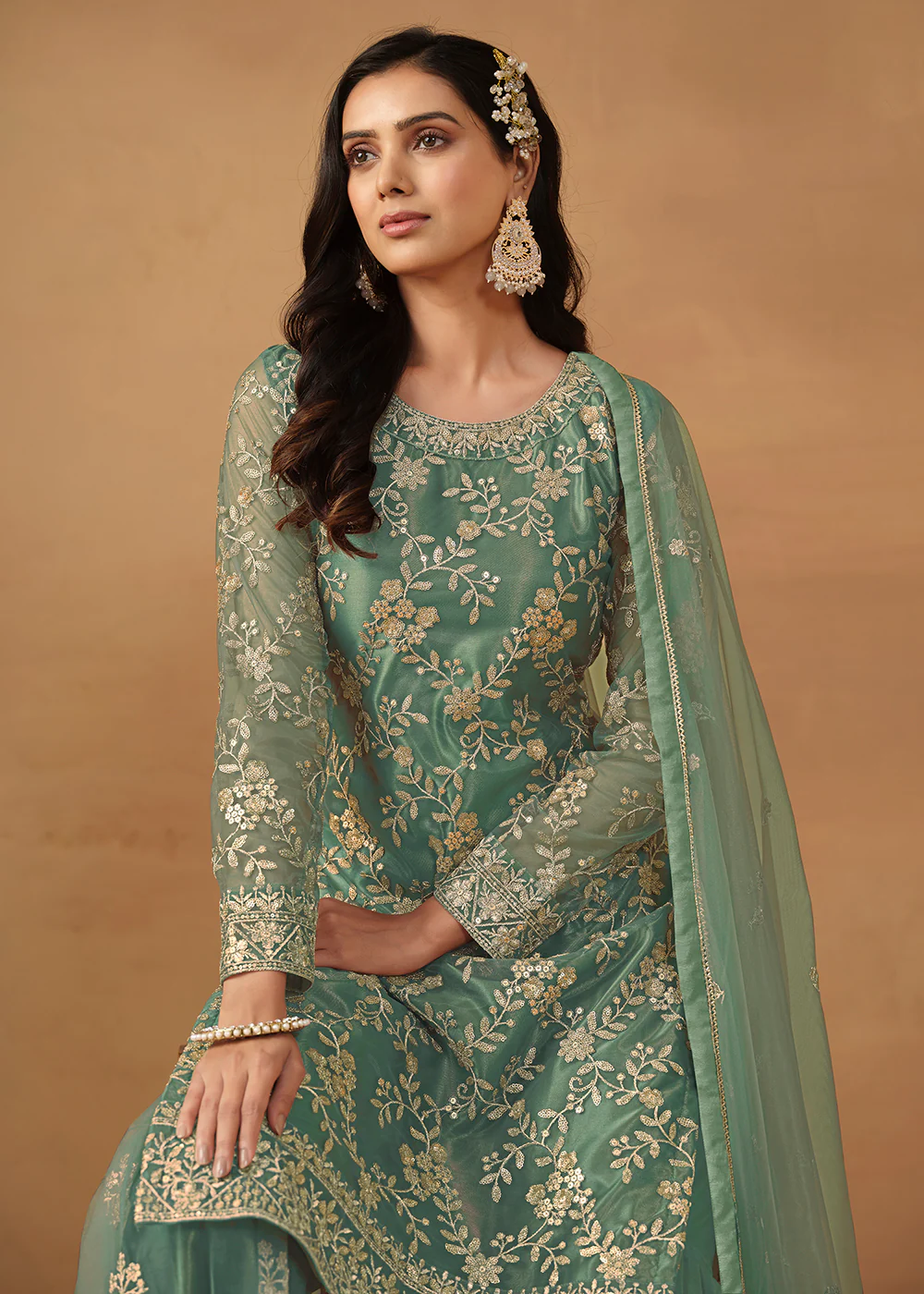 Sea Green Net Embroidered Wedding Festive Gharara Suit - Image 2