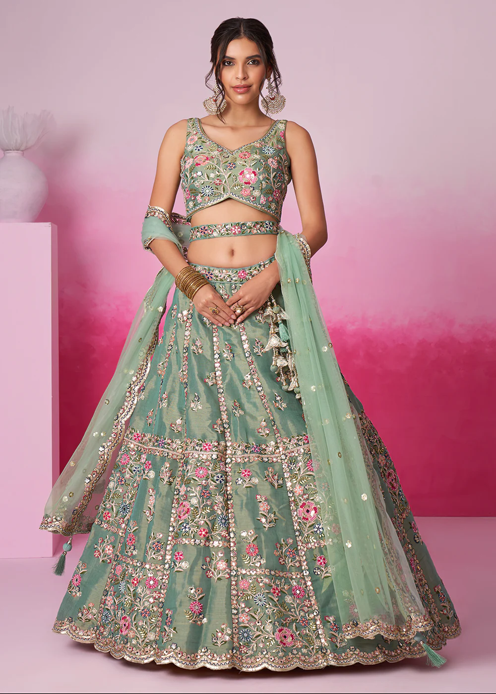 Sea Green Net Ethnic Embroidered Bridal Wear Lehenga Choli - Image 4