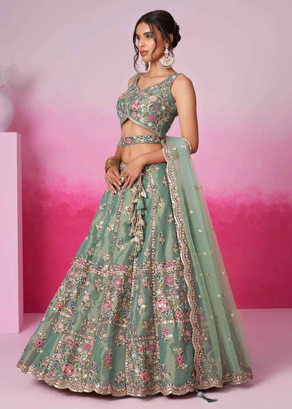 Sea Green Net Ethnic Embroidered Bridal Wear Lehenga Choli - Image 5