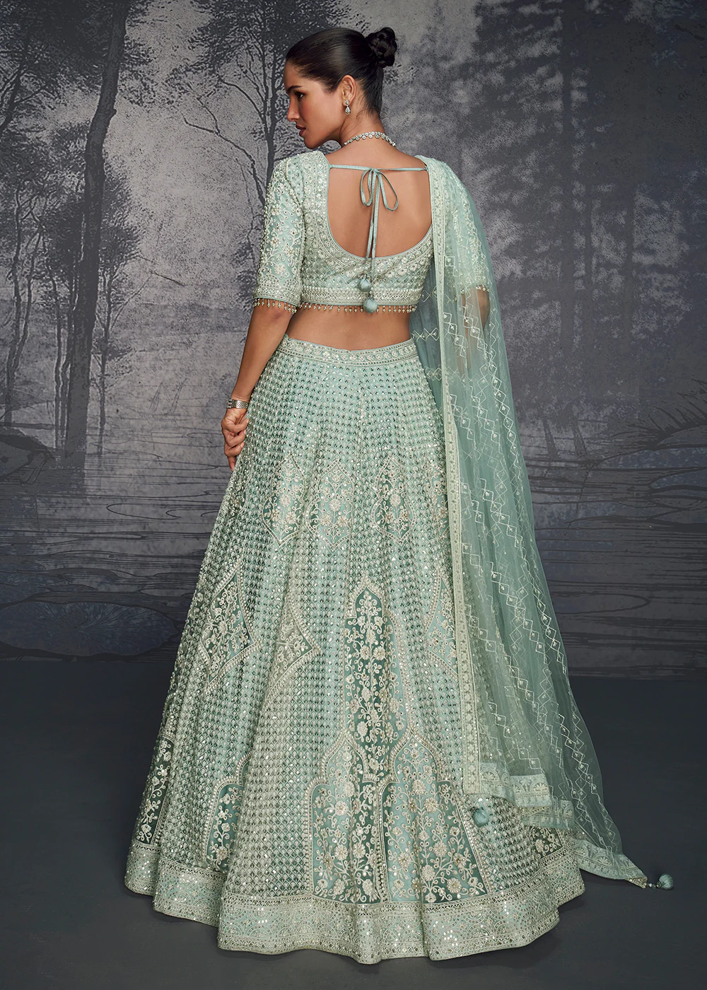 Sea Green Net Hand Embroidered Designer Lehenga Choli - Image 3