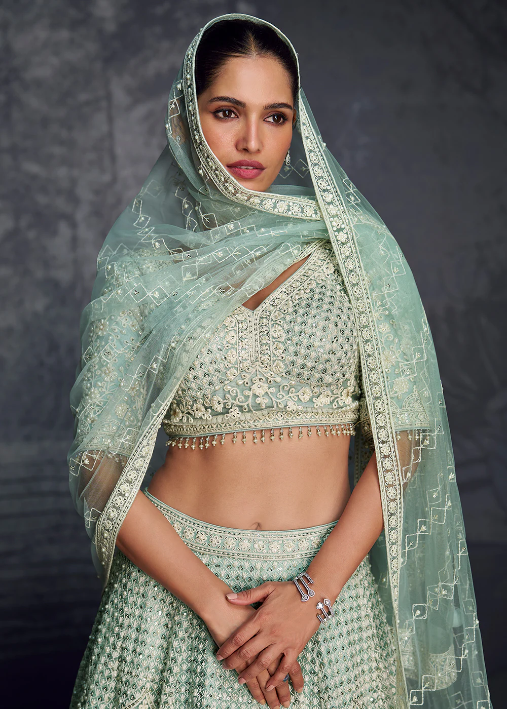 Sea Green Net Hand Embroidered Designer Lehenga Choli - Image 4