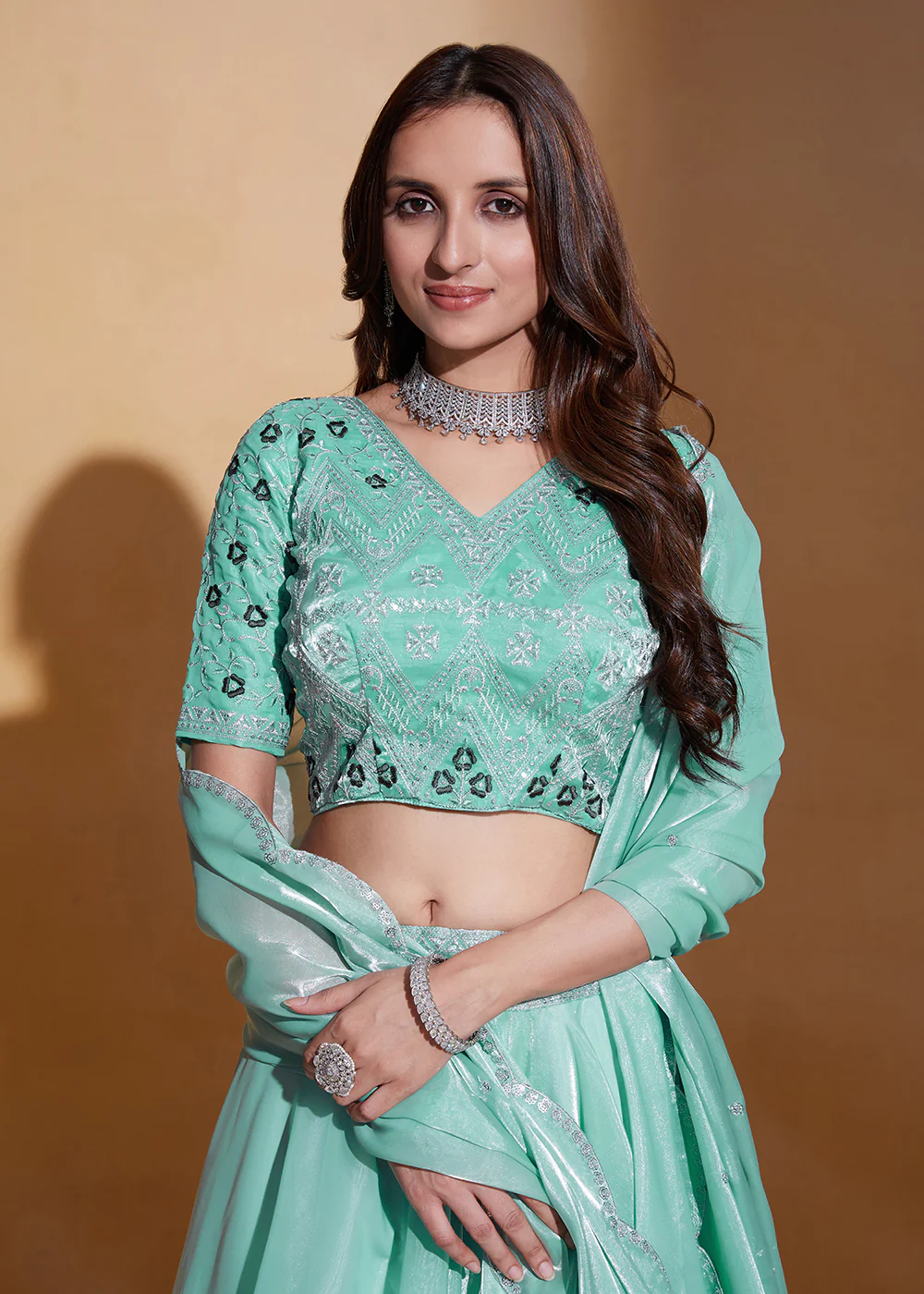 Sea Green Organza Silk A Line Festive Party Lehenga Choli - Image 2