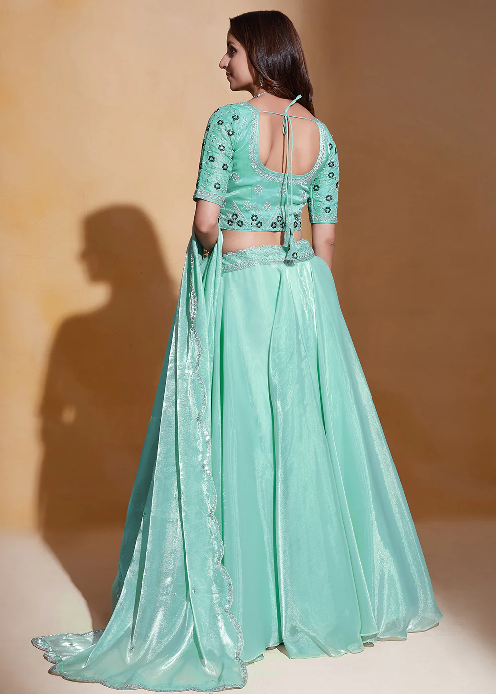Sea Green Organza Silk A Line Festive Party Lehenga Choli - Image 3
