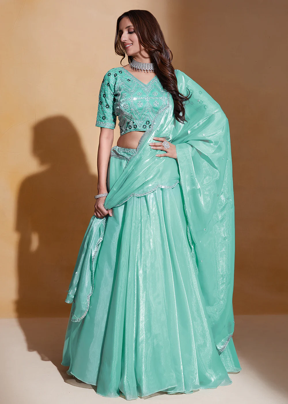 Sea Green Organza Silk A Line Festive Party Lehenga Choli - Image 4