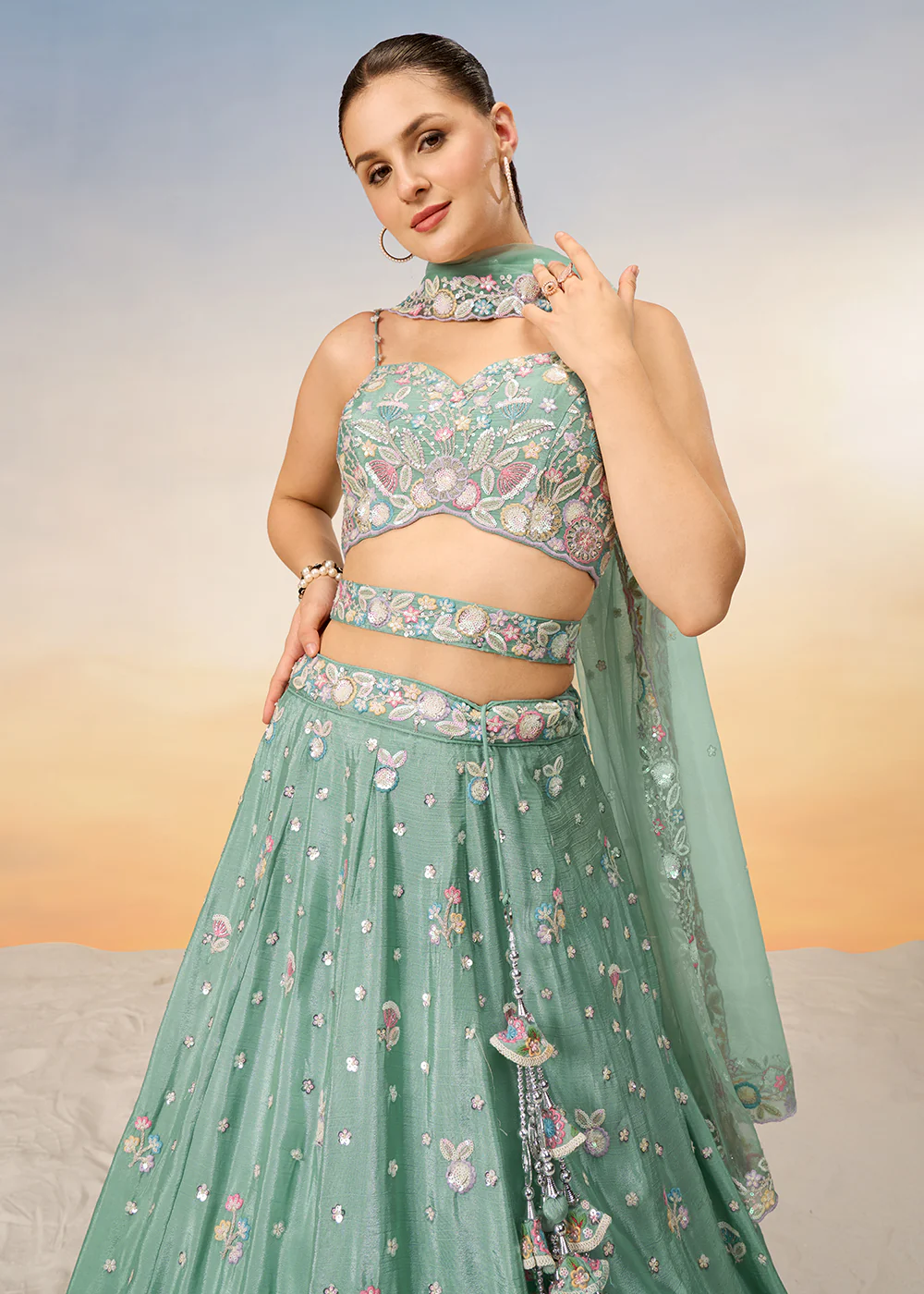 Sea Green Poly Chiffon Embroidered Wedding Party Lehenga Choli - Image 2