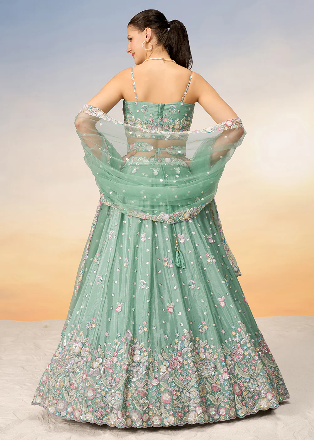 Sea Green Poly Chiffon Embroidered Wedding Party Lehenga Choli - Image 3