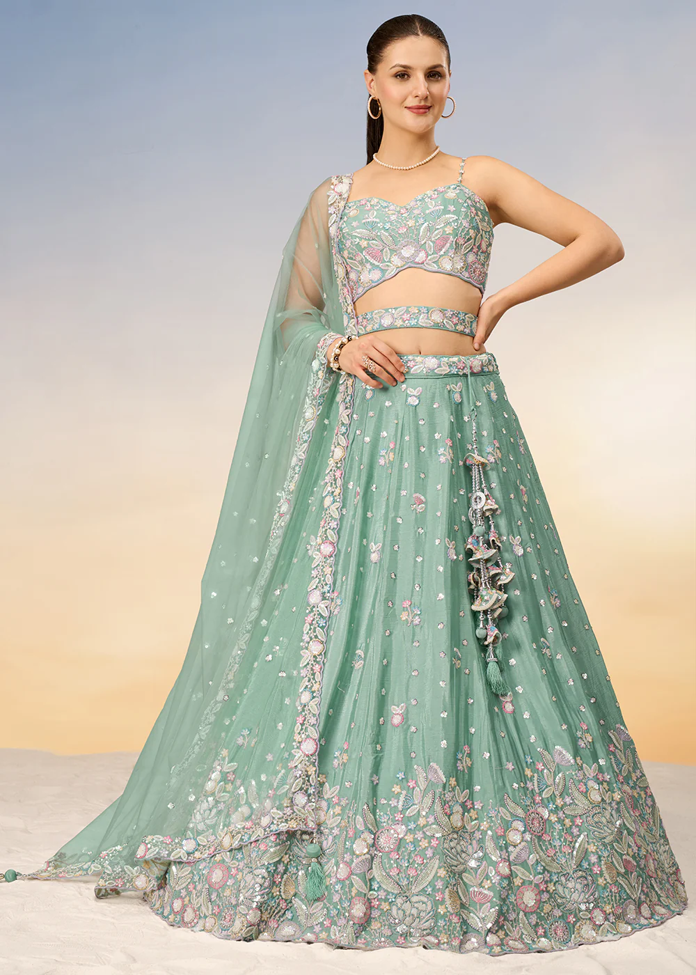 Sea Green Poly Chiffon Embroidered Wedding Party Lehenga Choli - Image 4