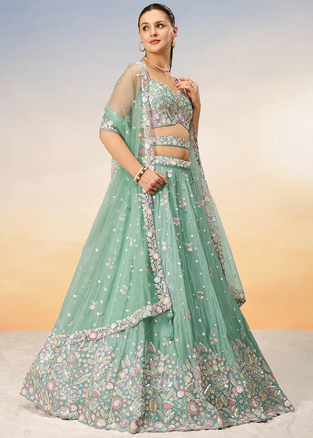 Sea Green Poly Chiffon Embroidered Wedding Party Lehenga Choli - Image 5