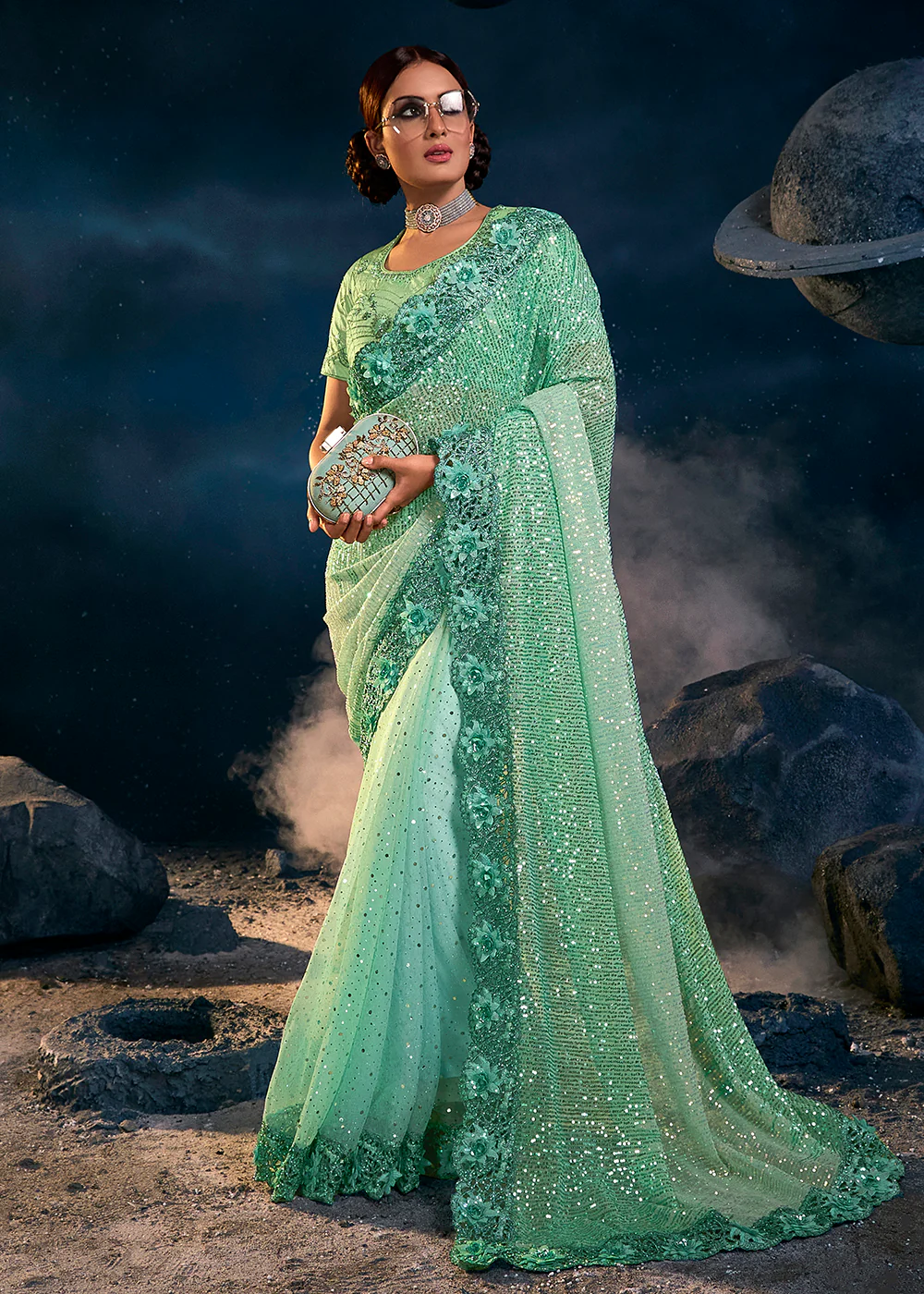 Sea Green Premium Net Heavy Embroidered Designer Saree