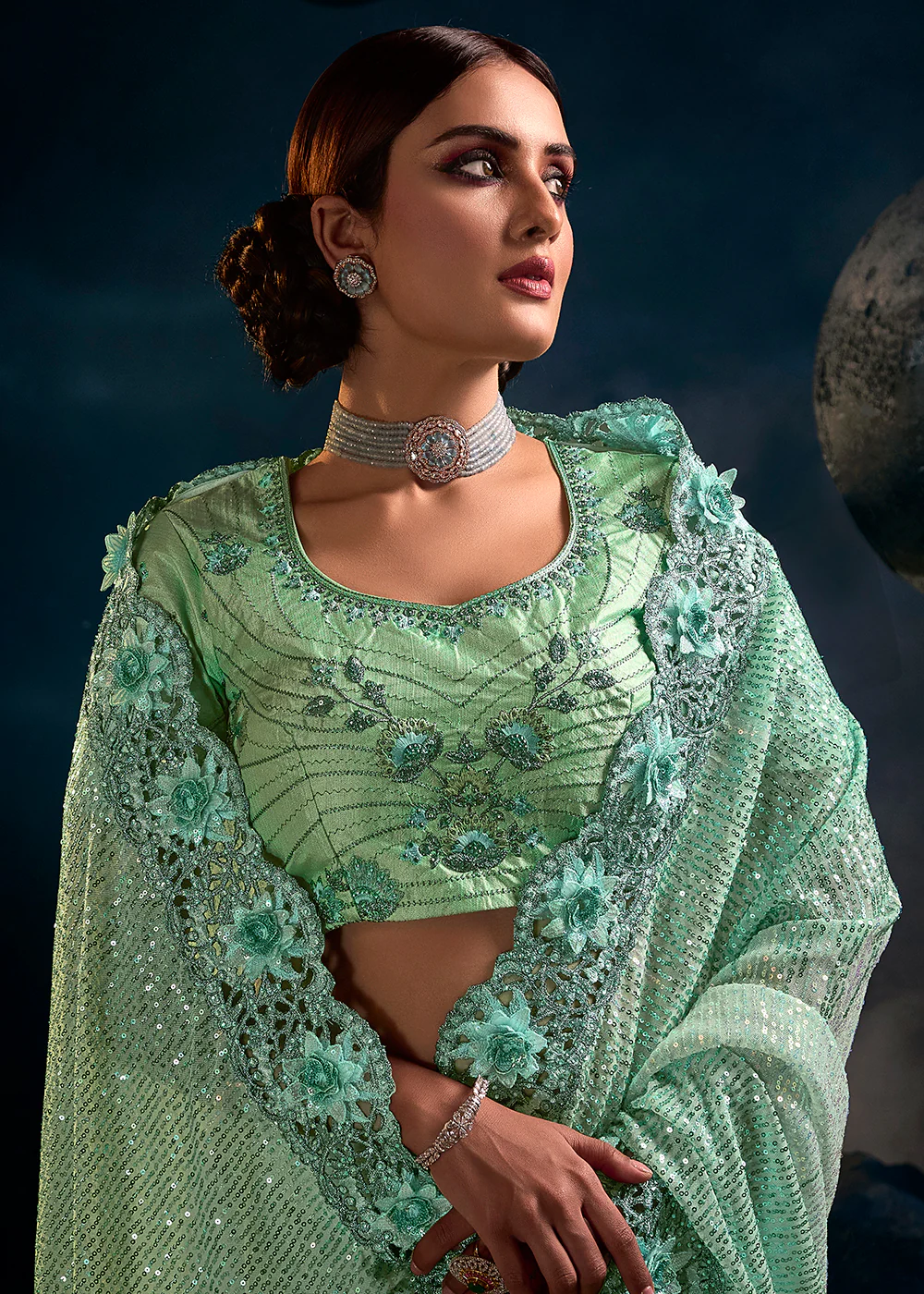 Sea Green Premium Net Heavy Embroidered Designer Saree - Image 2
