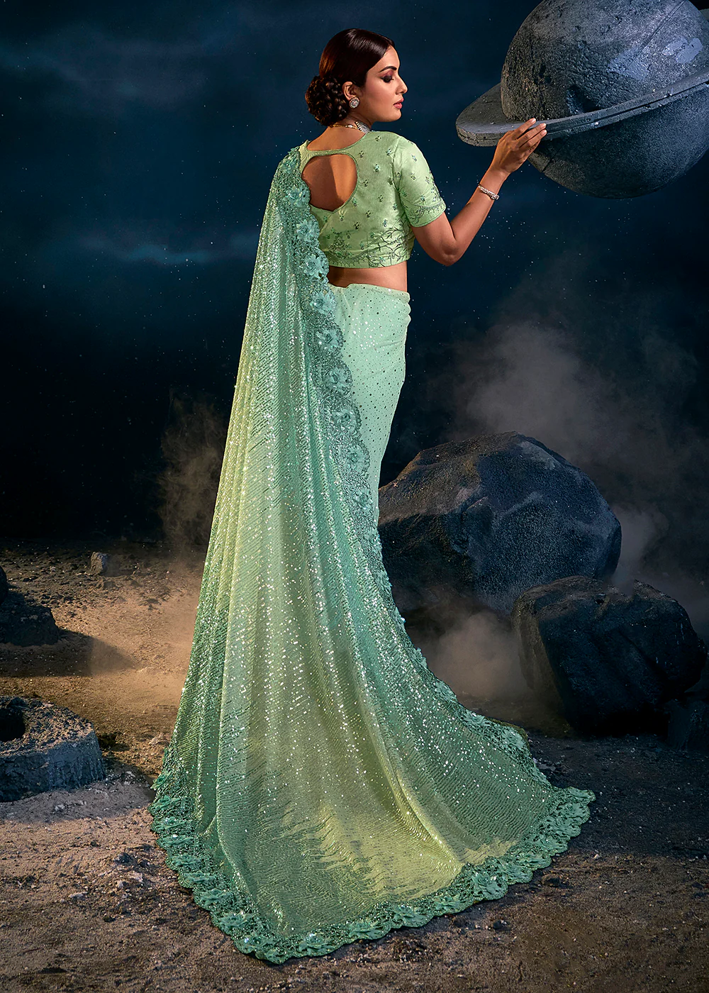 Sea Green Premium Net Heavy Embroidered Designer Saree - Image 3