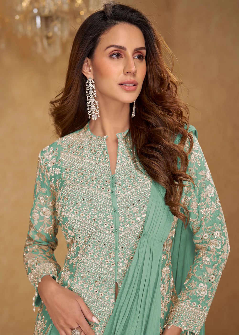 Sea Green Saree Style Indo Western Dress - Image 2