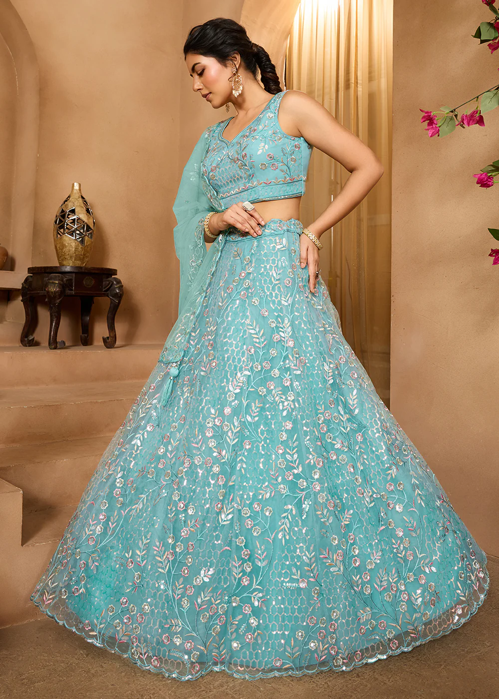 Sea Green Sequins Embroidered Net Designer Party Lehenga Choli - Image 6