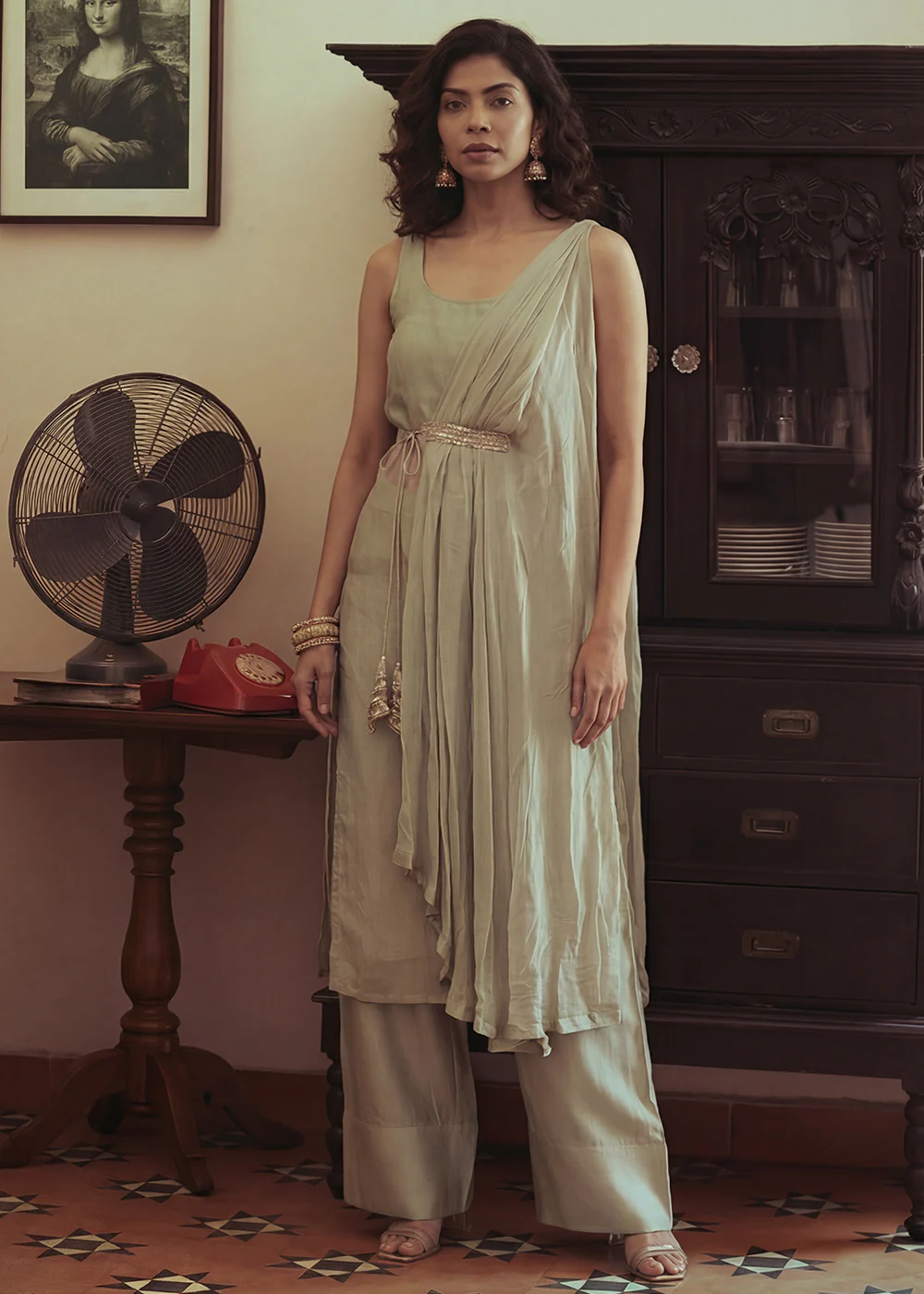 Sea Green Silk Kurta with Pant & One Side Shrug Set