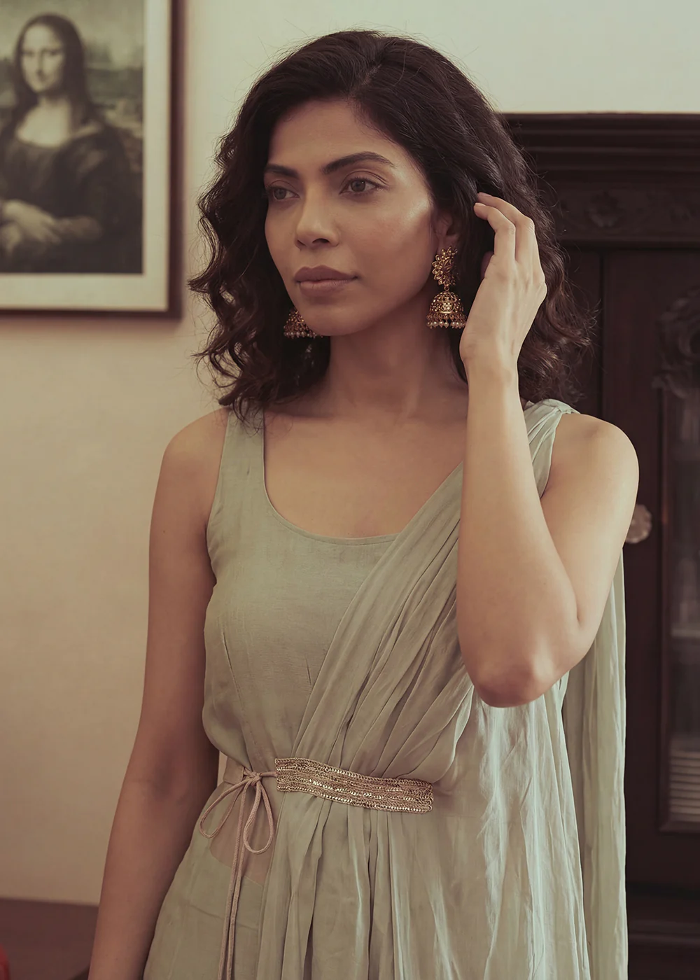 Sea Green Silk Kurta with Pant & One Side Shrug Set - Image 2