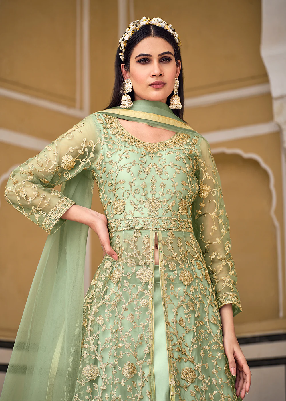 Sea Green Skirt & Pant Style Designer Anarkali Suit - Image 2
