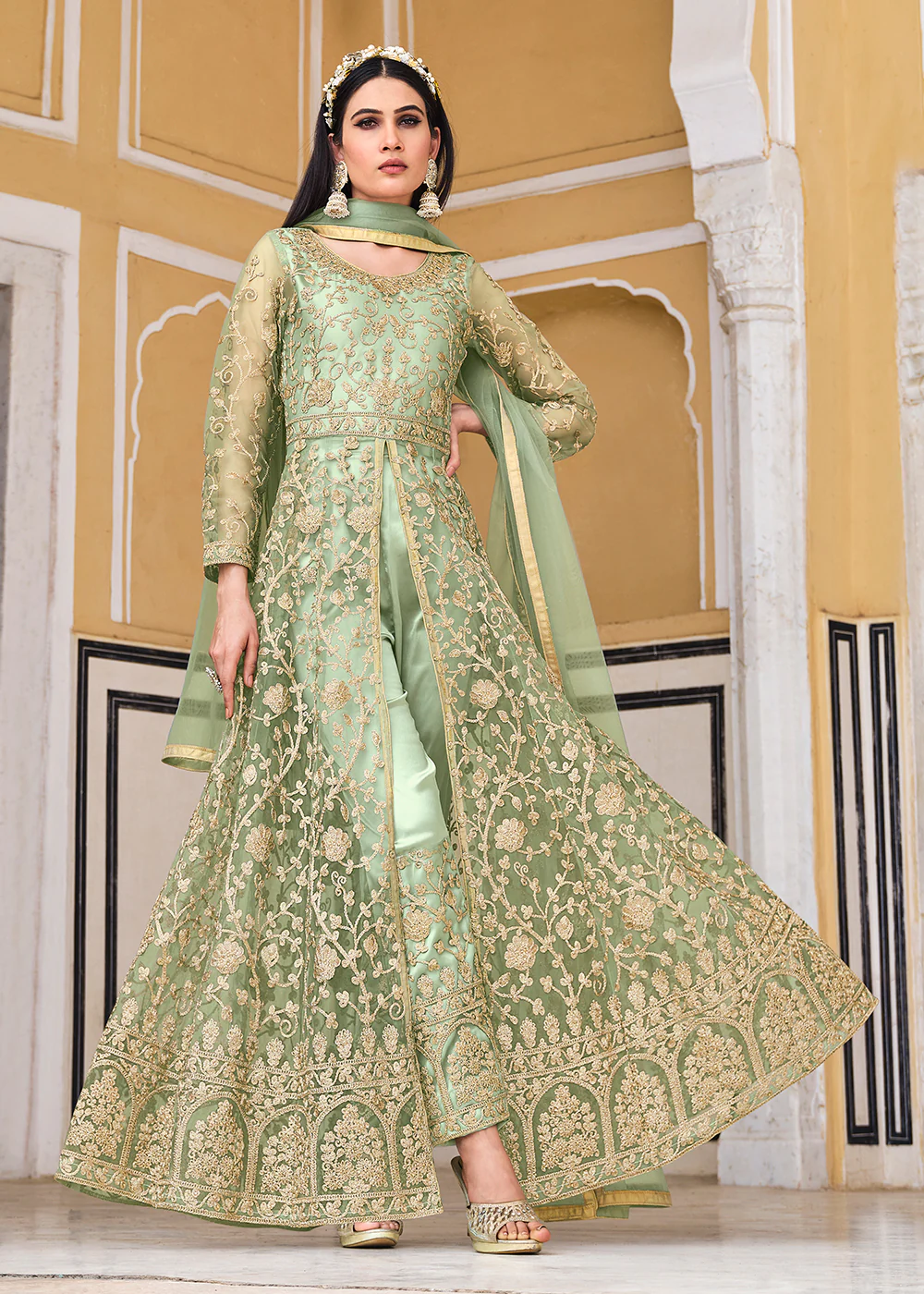 Sea Green Skirt & Pant Style Designer Anarkali Suit - Image 3