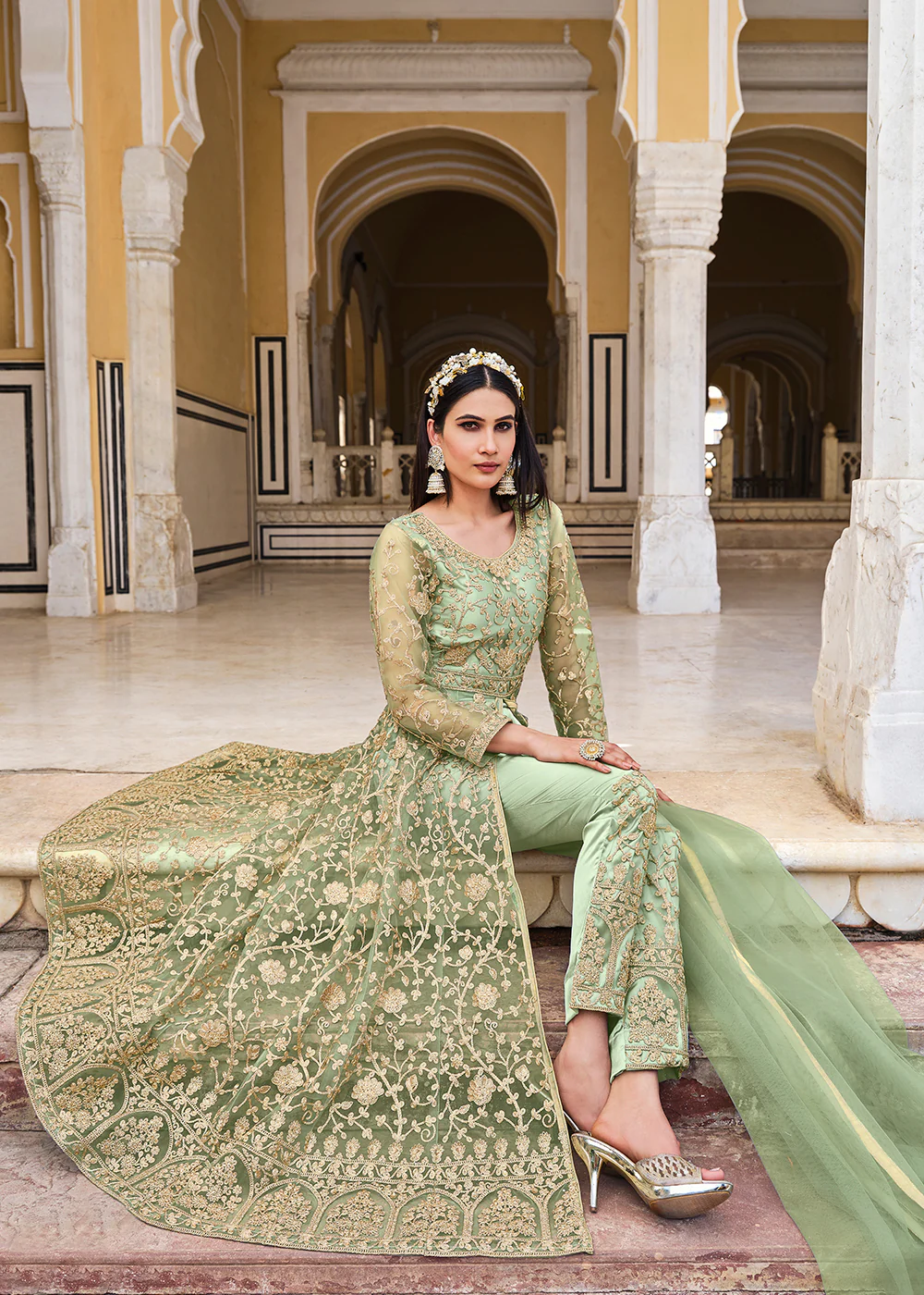 Sea Green Skirt & Pant Style Designer Anarkali Suit - Image 4