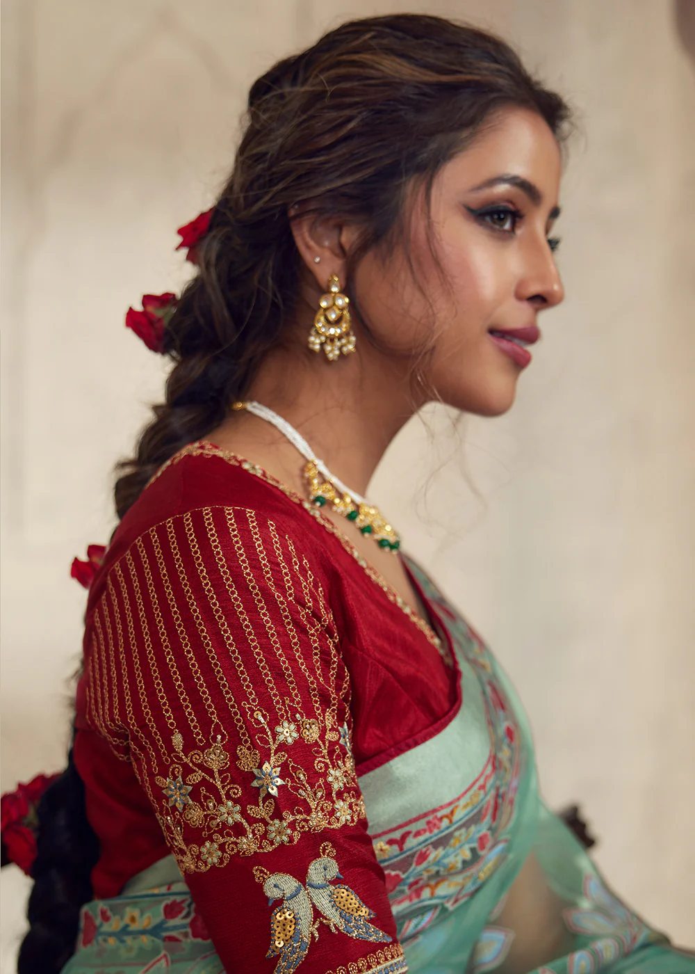 Sea Green Soft Organza Brasso Embroidered Wedding Festive Saree - Image 2