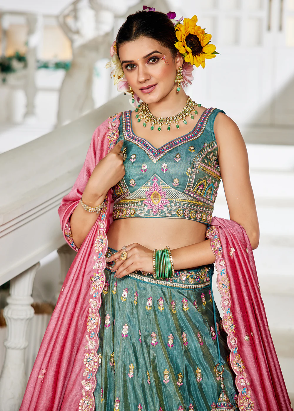 Sea Green Tissue Fabric Embroidered Reception Lehenga Choli - Image 2