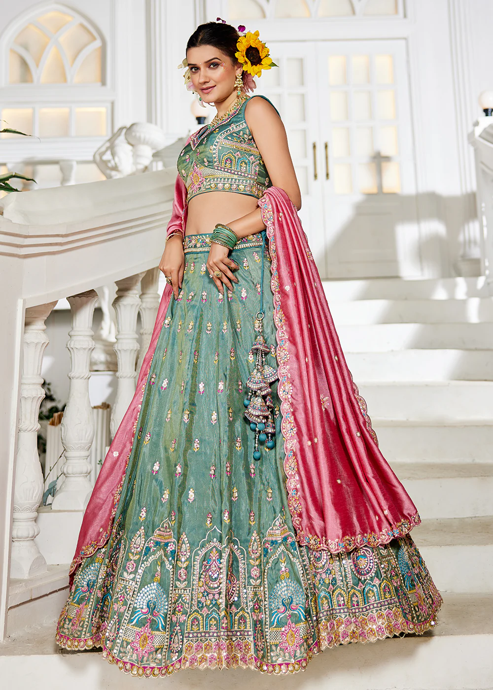 Sea Green Tissue Fabric Embroidered Reception Lehenga Choli - Image 4