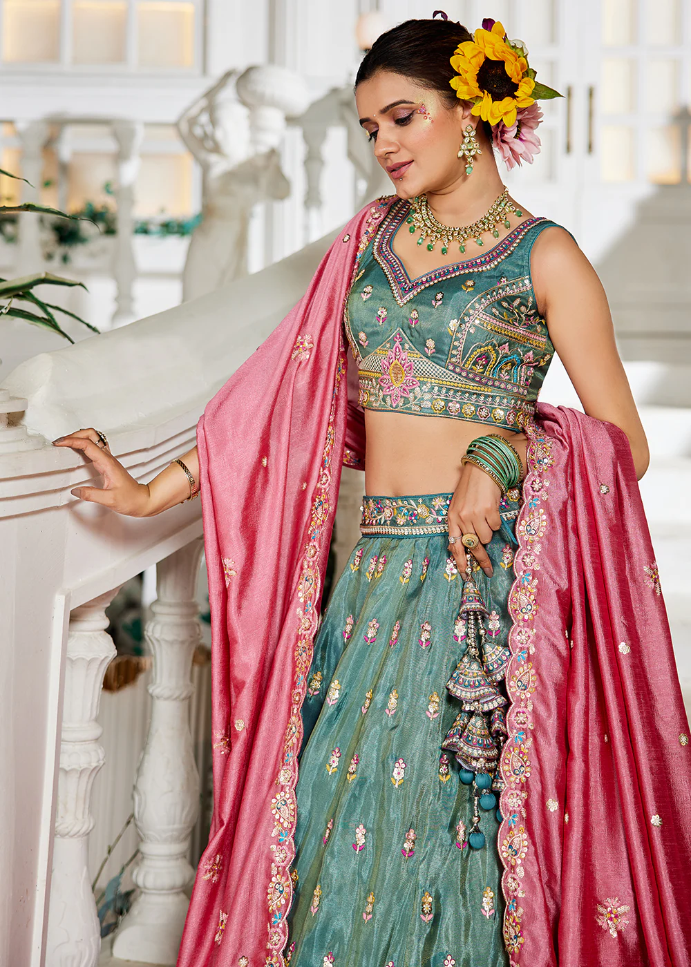 Sea Green Tissue Fabric Embroidered Reception Lehenga Choli - Image 6