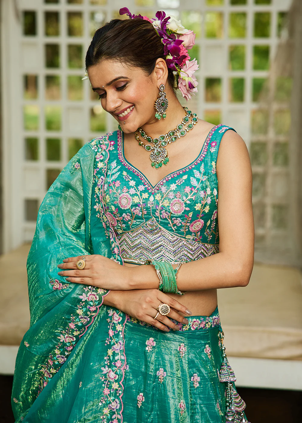 Sea Green Tissue Fabric Embroidered Wedding Lehenga Choli - Image 2