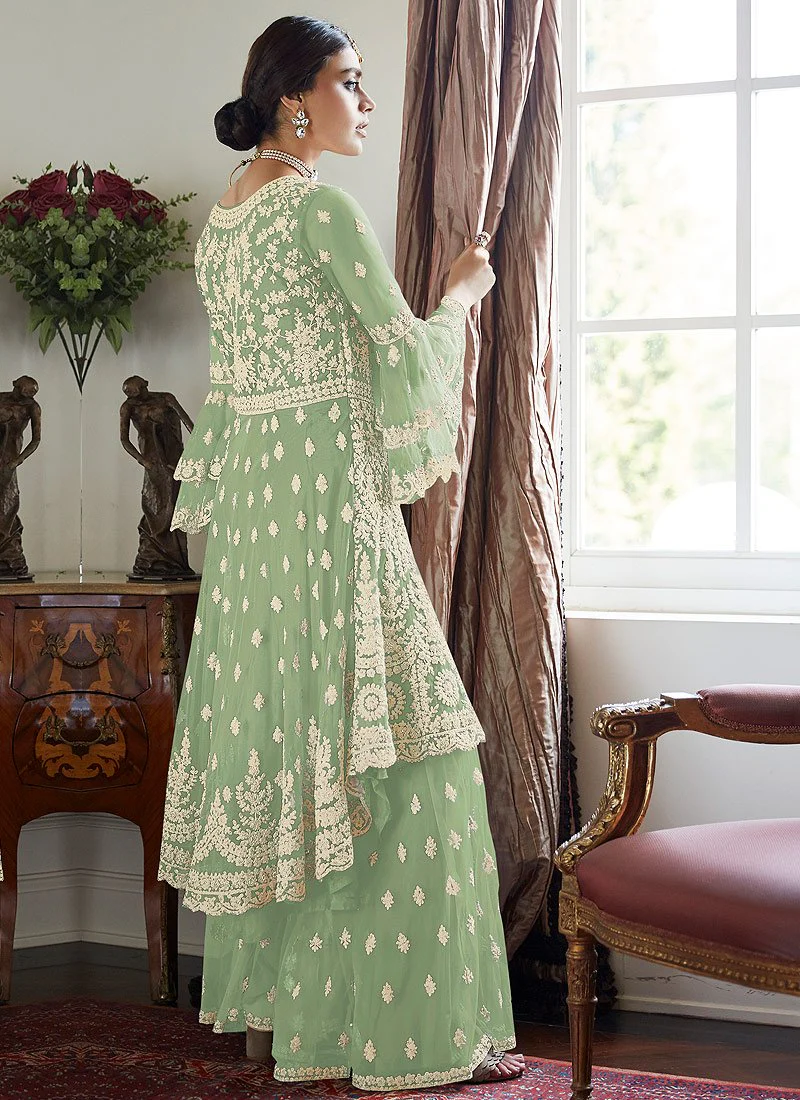 Light Green Trendy Bell Sleeved Embroidered Sharara - Image 2