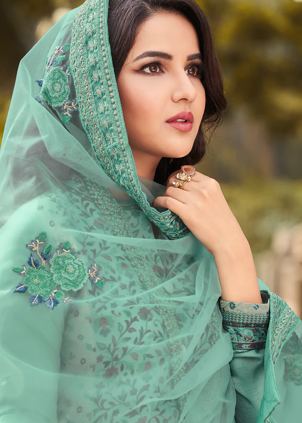 Sea Green Viscose Jacquard Pant Style Salwar Kurta Set - Image 2