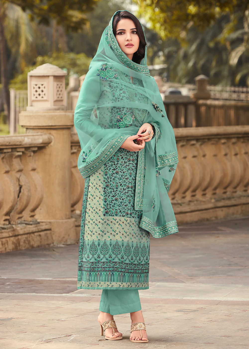 Sea Green Viscose Jacquard Pant Style Salwar Kurta Set - Image 3