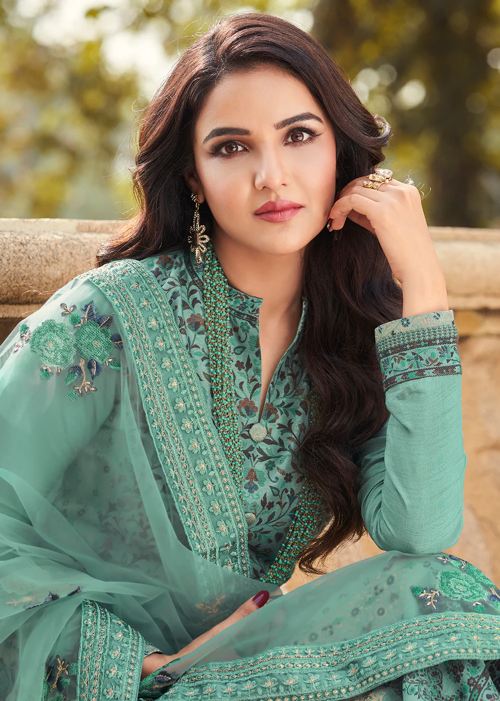 Sea Green Viscose Jacquard Pant Style Salwar Kurta Set - Image 4