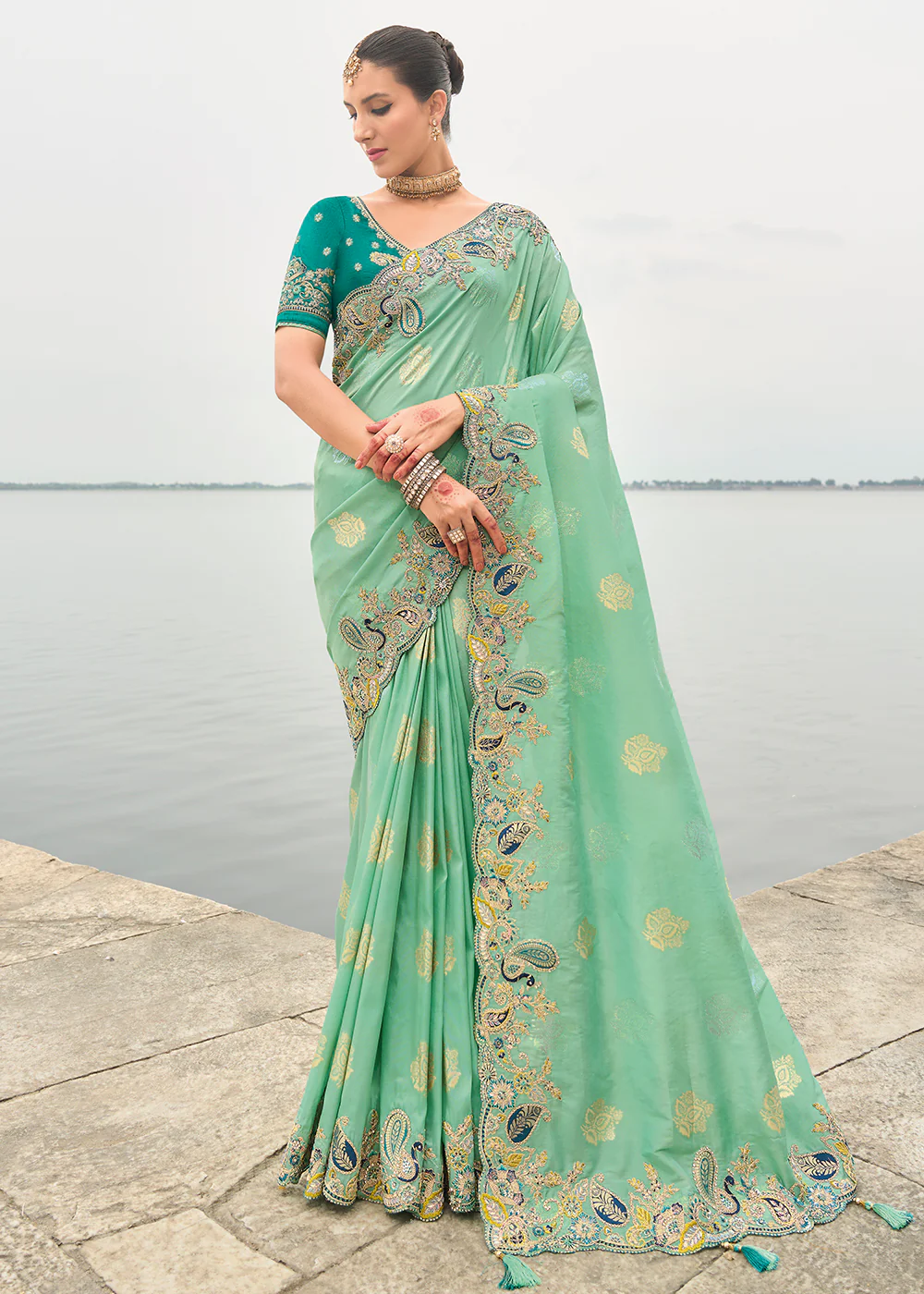 Sea Green Viscose Tissue Silk Designer Saree