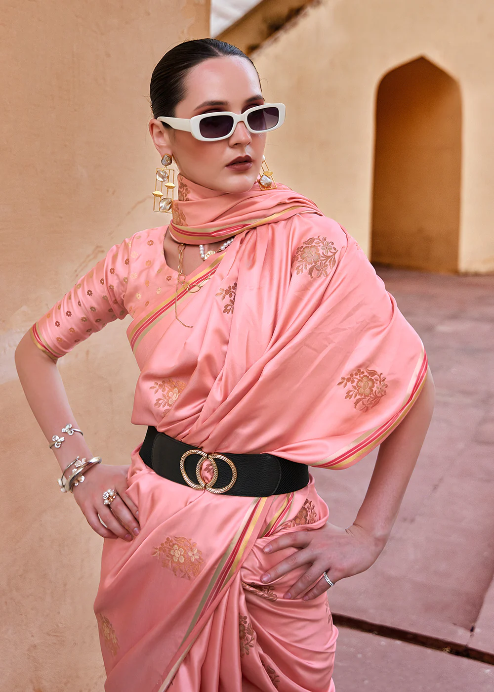 Sea Pink Pure Satin Zari Weaving Wedding Festive Saree - Image 2
